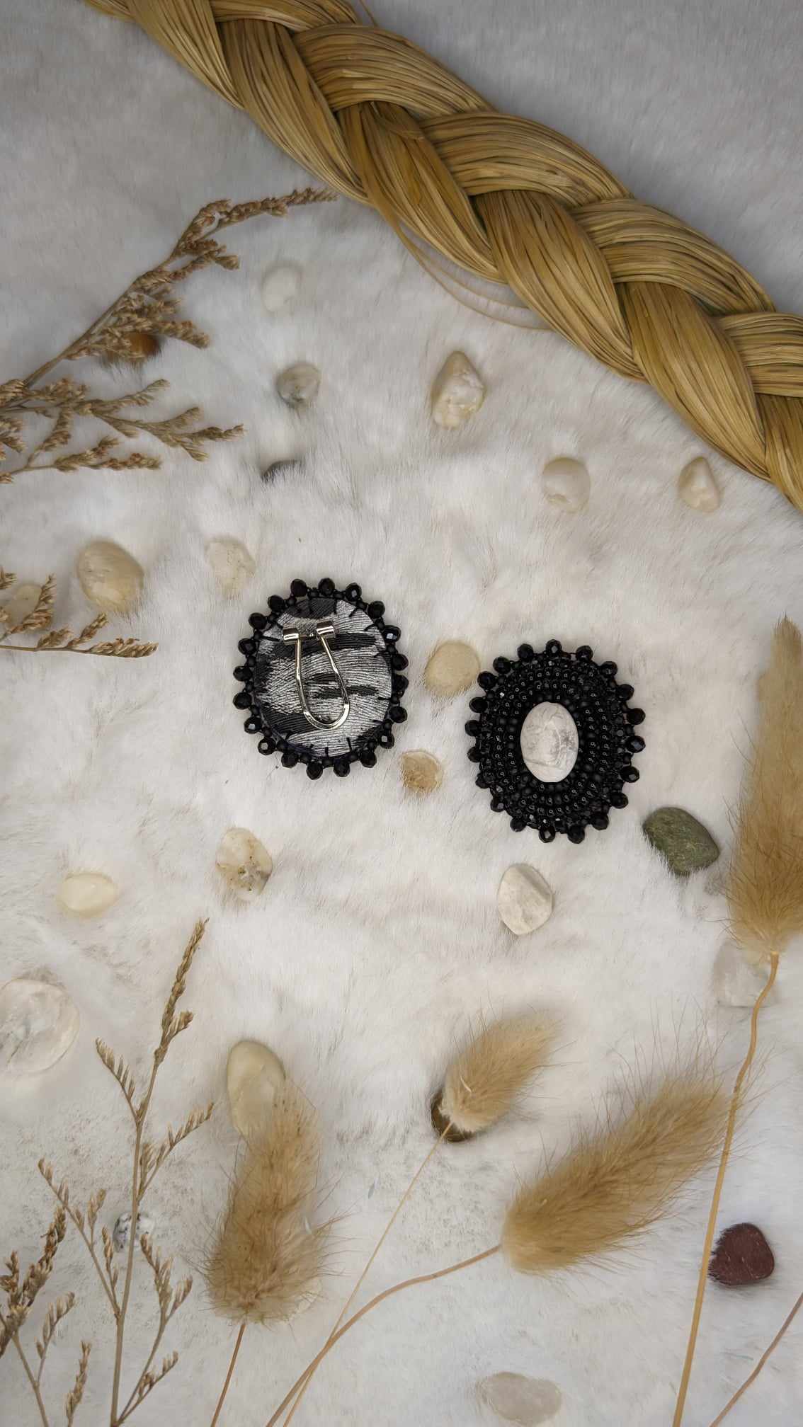 Black Beaded Earrings with Howlite Stone Centre on Fingernail Posts