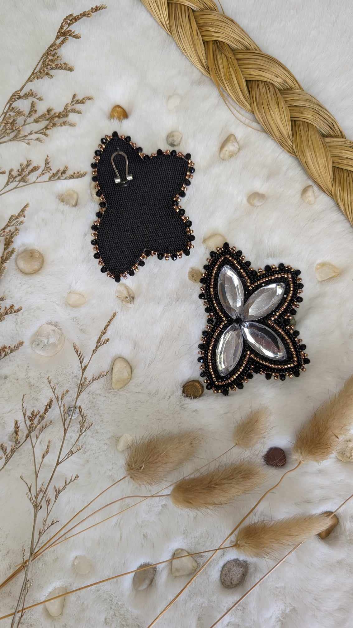 Black and Gold Beaded Earrings on Fingernail Posts