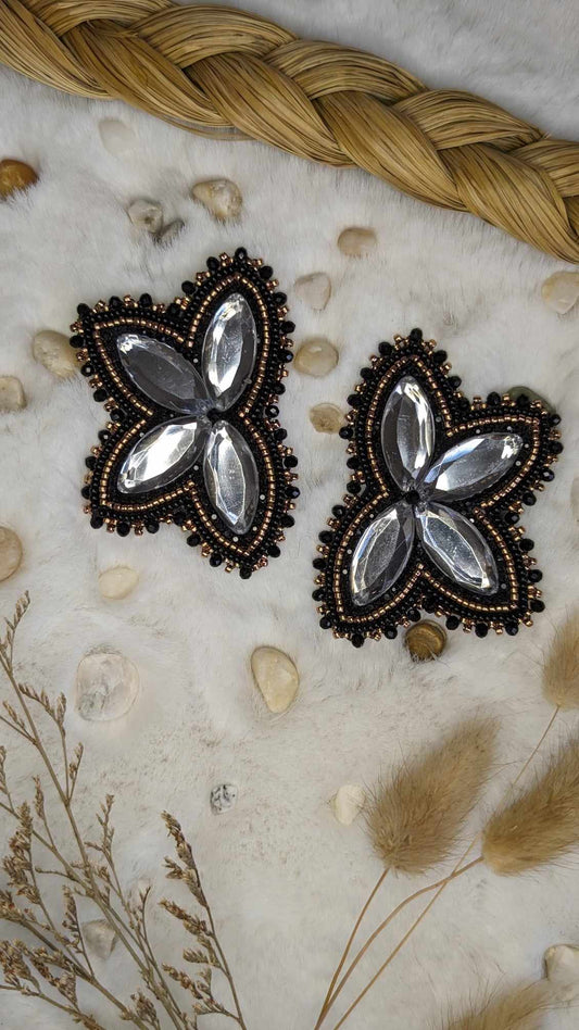 Black and Gold Beaded Earrings on Fingernail Posts