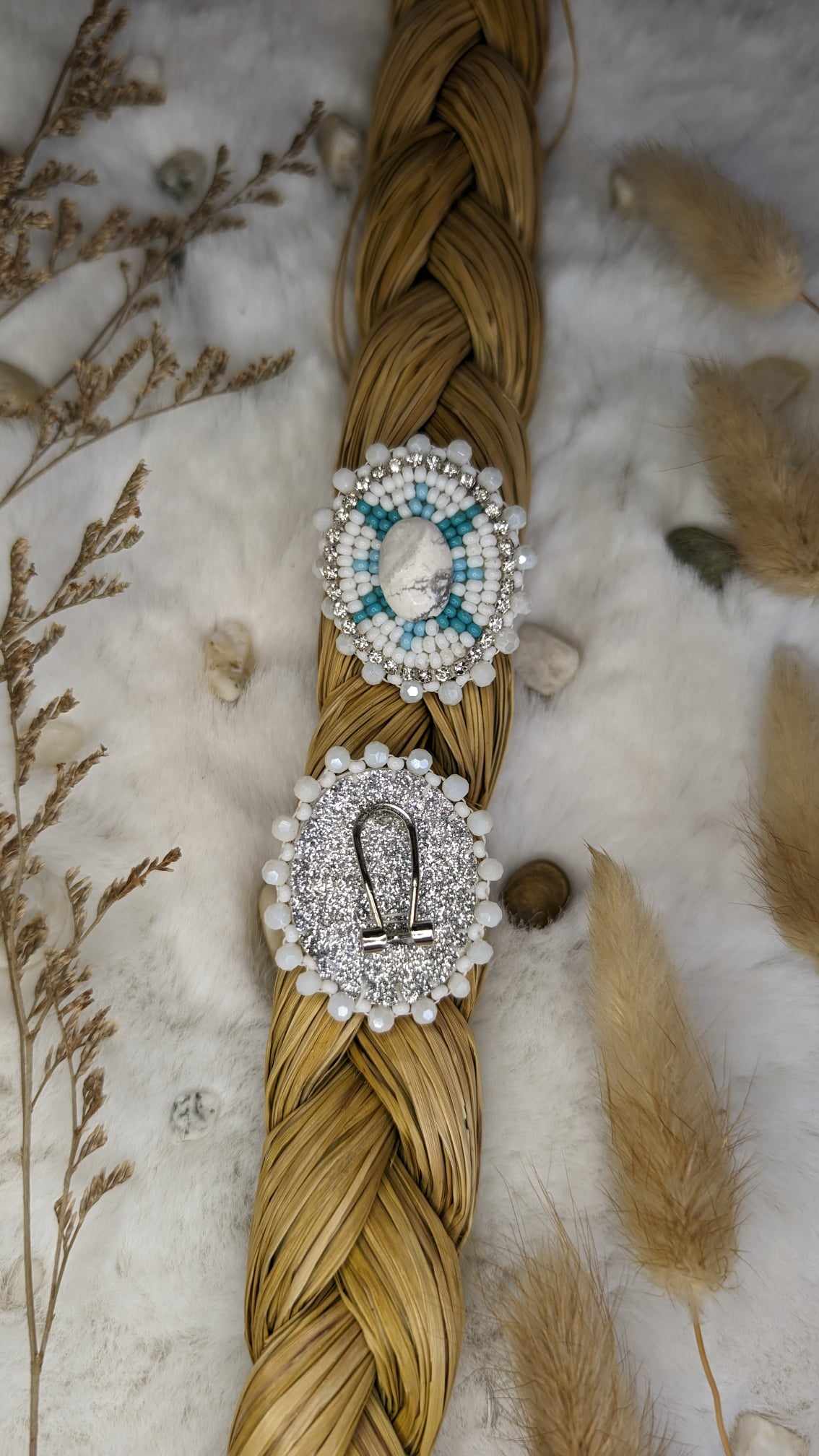 White and Turquoise Beaded Earrings with Howlight Stone Centre on Fingernail Posts