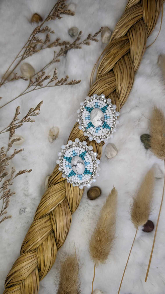 White and Turquoise Beaded Earrings with Howlight Stone Centre on Fingernail Posts